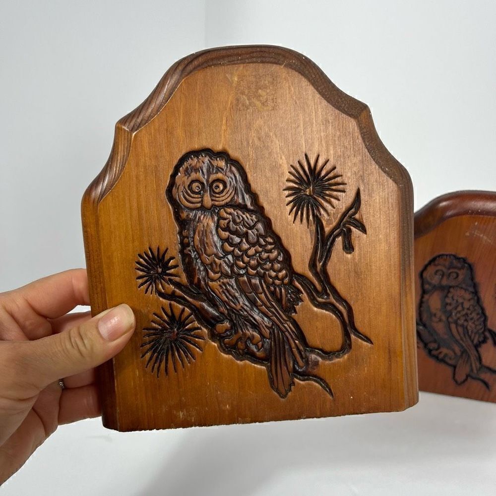 Vintage Wooden Carved Owl Bookends 7” - Picture 2 of 9